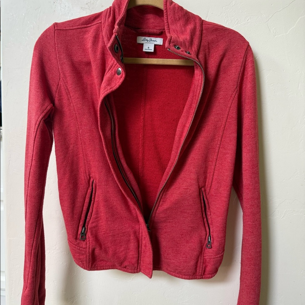 Lucky Brand Jacket Womens Small Red Full Zip Mock Neck Pockets Motorcycle Jacket